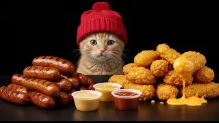 [ASMR] Коричневый кот с удовольствием ест сосиски и куриные наггетсы [Звуки жевания/Мукбанг/]