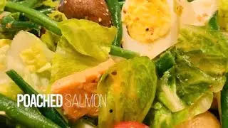 A warm winter salad with poached Salmon with thyme, lemon, mustard vinaigrette