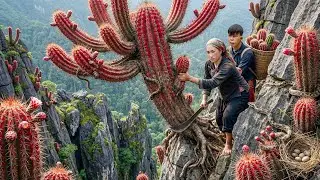 Risking Her Life Alone Female CEO Harvests Rare Red Cactus & Wild Snake on a Deadly Cliff to Sell