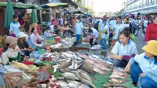 Phnom Penh Samhan Market Scene: Fish, Vegetables, Pork | Cambodia Lifestyle In Market