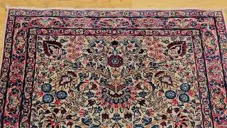 Vintage Persian Kerman Lavar Area Rug in Ivory, Blue, Pink, Red, @thepersianknot , SKU 2091