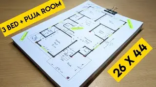 26 x 44 ghar ka naksha II 26 x 44 house plan design II 3 bed rooms with puja room