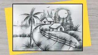 How to Draw a sunny day landscape//Village scenery drawing step by step using pencil.