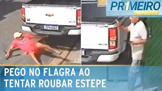 Bandido tenta furtar estepe, mas dono do carro aparece e flagra crime | Primeiro Impacto (31/03/25)