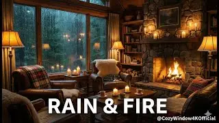 Cozy Room Ambience 🌧️ Rain on Window & Crackling Fireplace | 1 Hour for Sleep, Study & Relaxation