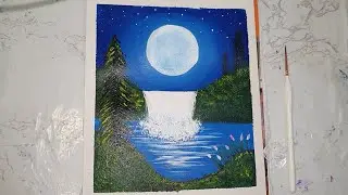 How to paint moonlight waterfall scenery // easy acrylic painting // painting for beginners