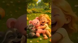 Cute Raccoon bring teddy pink bear and plays happily with the girl on the park. #shorts #cute