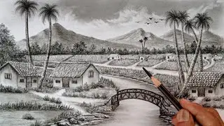 Village landscape drawing by pencil the easy ways// Nature drawing with pencil//