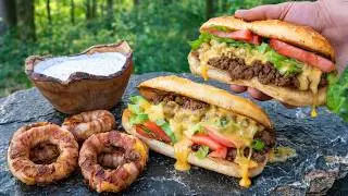 New York Chopped Cheese Sandwich Cooked Over Fire in the Forest