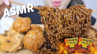 NEW SPICY Paldo Black Bean Noodles with KOREAN Fried Chicken *ASMR No Talking Eating Sounds | N.E