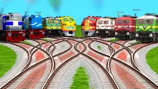 Eight Trains Crossing by Branched Forked Tracks | Realistic Train Simulator | trains crossing games