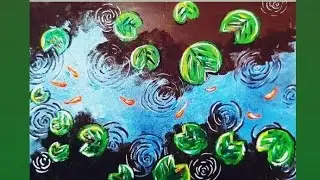 Pond Landscape Painting | Water Lily Leaves and Red Fish