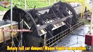 Rotary rail car dumper/wagon tippler in operation