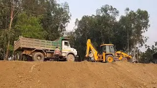 Dump Truck Unloading Soil on Road | JCB Backhoe & JCB Roller Leveling | JCB Machines Working