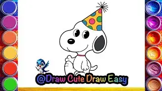 Snoopy with a Party Hat 🎉 | Easy Cute Drawing Coloring  Painting Tutorial for Kids