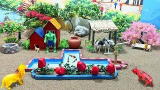 Miniature Village Diorama with Hulk, Koi Fish & Farm Animals!