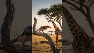 Hornbill near Giraffe#shortsfeed #birdingparadise #bird #aiart #cute