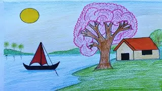 Easy River Side Village Scenery Drawing for Beginners#studentproject #Wow Wow Art