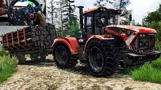 Kirovets K7M Tractor FaiL Logs Delivery in Mudrunner with Steering Wheel 4K60