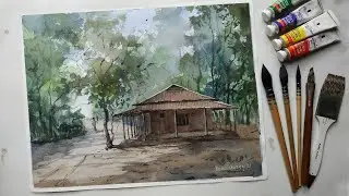 Watercolor tutorial - Rural Village house painting demotration by Ruhul Farazee.