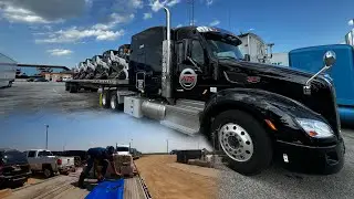 Unloading my first tarp load and loading bobcat skidsteers ** ROOKIE FLATBED DRIVER **