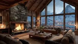 Alpine Snowstorm Cabin Ambience Relaxing Video ❄️ Cozy Fireplace & Mountain Lake View | 6 Hours