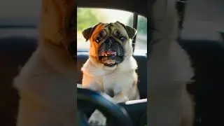 A pug is driving a car with a cat on board
