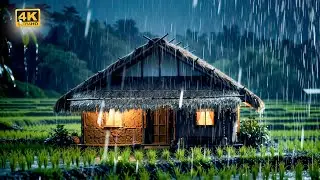 Heavy Rain on Thatched Roof Hut 🌧️ Rain Sounds for Sleeping & Insomnia Relief (Rice Field Ambience)