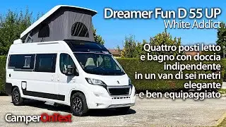 Dreamer Fun D55 Up White Addict: camper van con tetto a soffietto di serie e box doccia indipendente