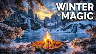 Crackling Fire & Winter Wonder ❄️ Frozen Lake, Mountains & Serene Solitude