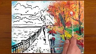 How to Draw Autumn Embankment with Palette Knife