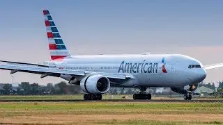 American Airlines Boeing 777-200 landing in AMS