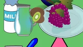Milk bottle. Breaks down in to a jug and kiwi and grapes into the plate - animated mixture video 