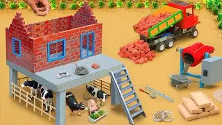 DIY Construction Science Project: Mini Brick 2-Story House & Cow Shed Collapsed in Flood