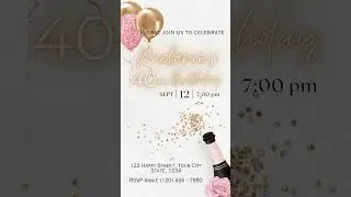 invite template phone, gold glitter invitation 40th birthday, digital evite, pink custom video