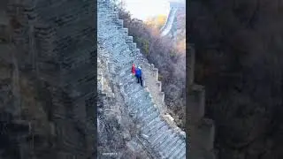 Climbing down from the Jiankou section of the Great Wall of China