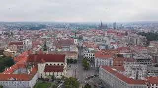 High angle tripod view captures Brno's skyline, highlighting the vibrant Freedom Square and the