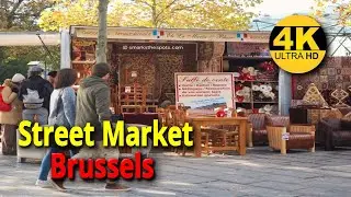 Walking Tour Place Flagey Sunday Street Market | Brussels | Belgium 🇧🇪 | 4K | Food | Stalls | Hut
