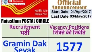 Rajasthan Postal Circle | Gramin Dak Sevak Recruitment 2017 | 1577 Vacancy Positions