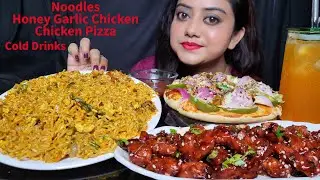 ASMR EATING Noodles, Honey Garlic Chicken, Chicken pizza, Cold Drink | Mukbang | Big Bites 
