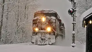 Whiteout Conditions! High Speed CP Grain Train Blasts thru the SNOW Over Harrison Mills Bridge