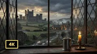 Cozy Medieval View | Rain on Castle Window | Sleep, Study, Relax [4K]