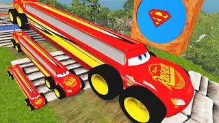 Long Cars vs Reverse Speedbums - Big & Small Long Mcqueen with BTR Wheels vs Thomas Train - BeamNG