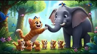 Orange Cat Mama & 5 Kittens Magical Jungle Adventure with Elephant & Monkeys