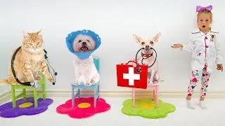 Stacy brinca com animais de brinquedo e os trata.