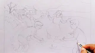 स्मरणचित्र पावसात खेळणारी मुले चित्रकला परीक्षांसाठी भाग-41 easy memory drawing sketch