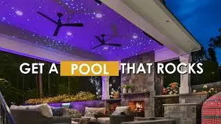Resort style backyard with pool, pavilion, kitchen and more.