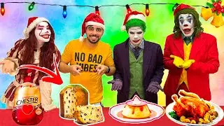 QUEM COMER MAIS COMIDA DE NATAL VENCE CONTRA O CORINGA, PENNYE E JOKER !! (Desafio dos vilões)