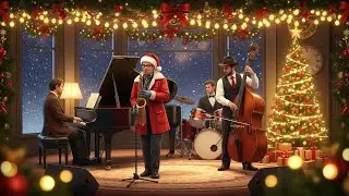 Jazz Christmas Cafe Ambience ☕ Snow Falling & Fireplace Crackling