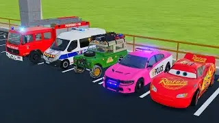 TRANSPORTING CARS, AMBULANCE, POLICE CARS, FIRE TRUCK OF COLORS! WITH TRUCKS! - FS 22 #15
